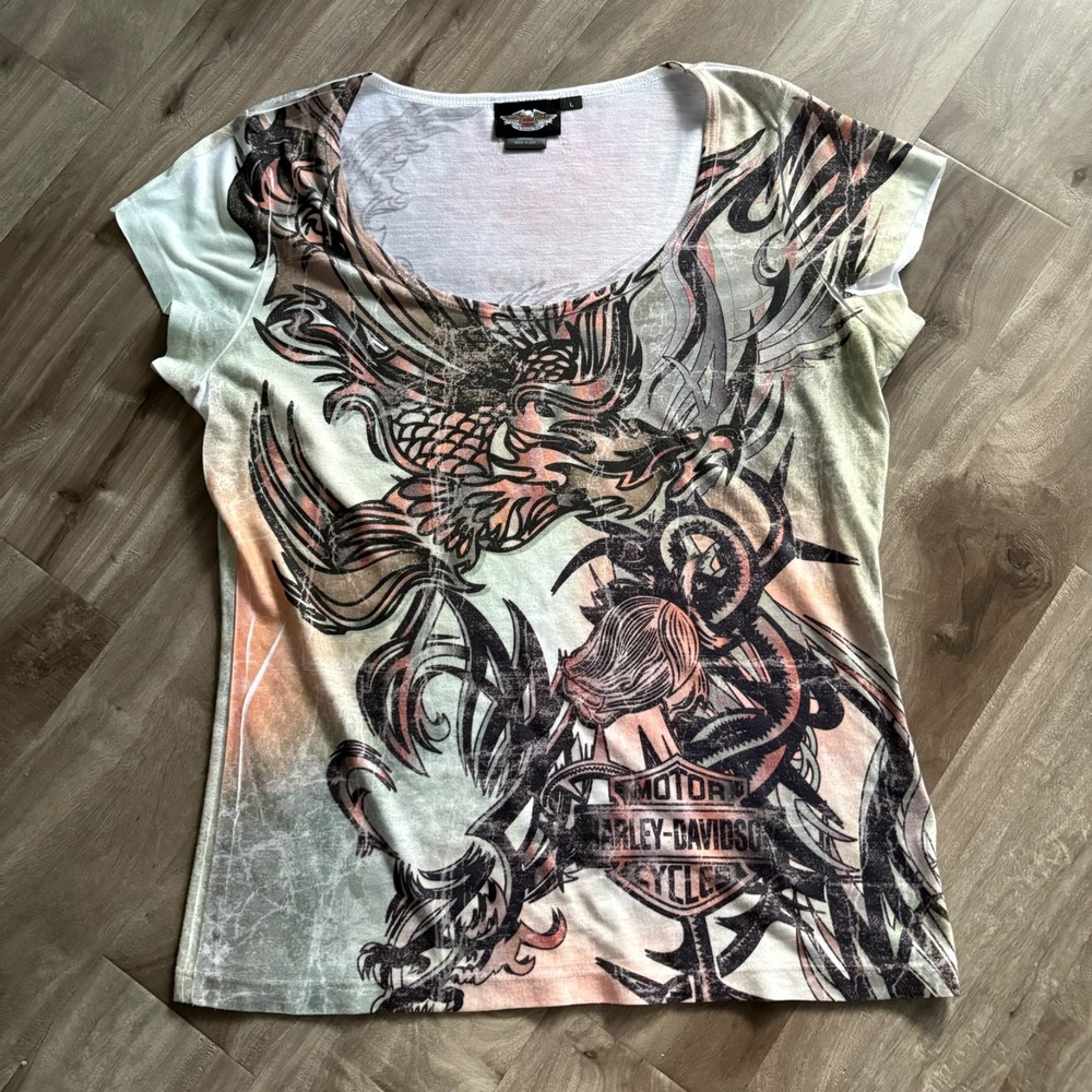 Harley-Davidson Women's L Graphic Tee‎ Dragon Wings All Over Print T-Shirt USA